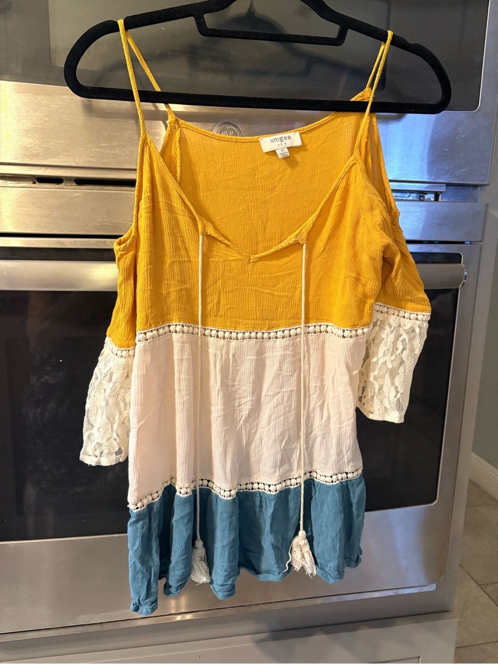 Umgee Mustard White Blue Colorblock Cold-Shoulder Camisole
